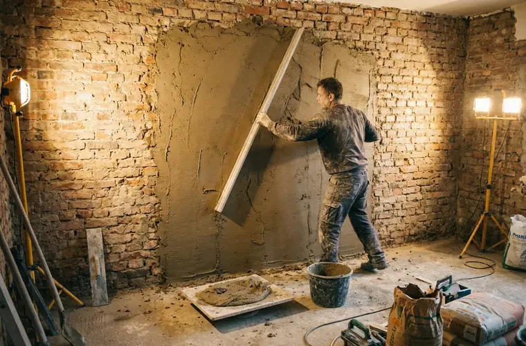 Bezetter die een dikke laag pleister optrekt met de rei op een oude bakstenen binnenmuur